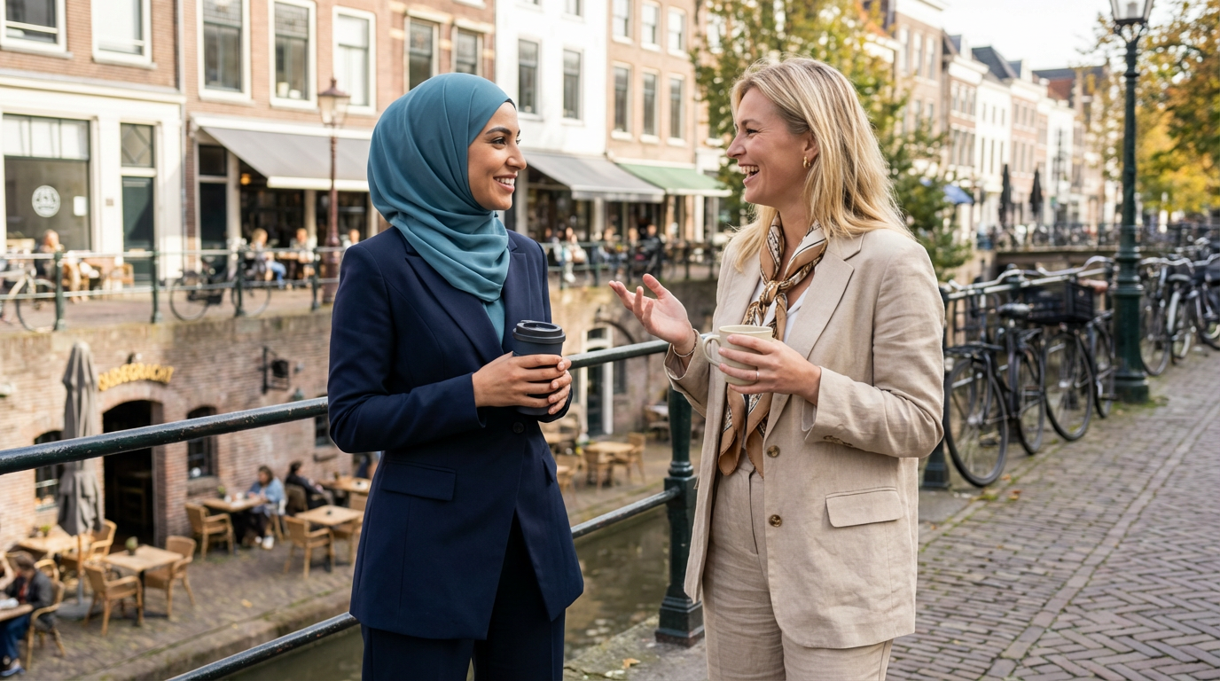 Professional businesswomen discussing strategy by Utrecht canals